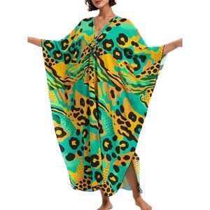 Womens Green Leopard V-neck Batwing Sleeve Flowy Split Hem Bohemian Kaftan Dress